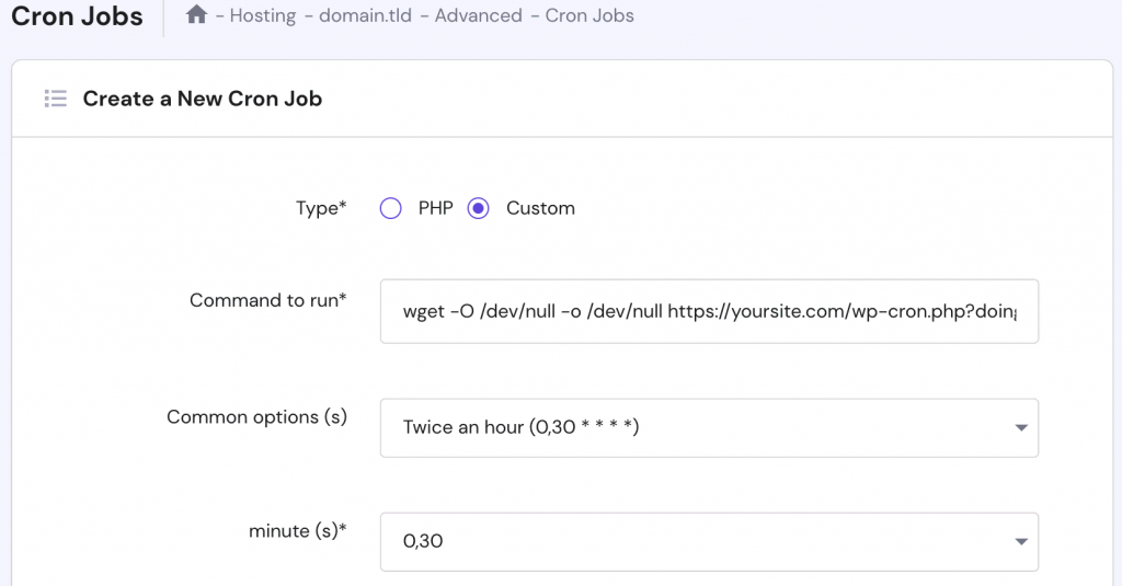 Cron Jobs section on hPanel 