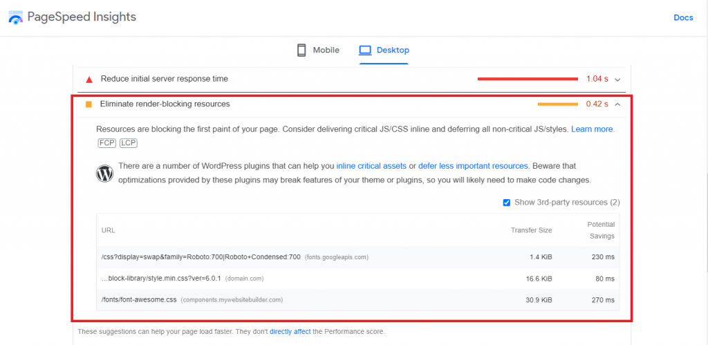 Google PageSpeed Insights warns the user about render-blocking resources