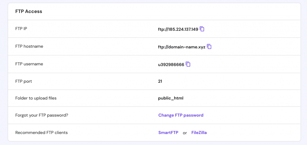 FTP Access information in hPanel