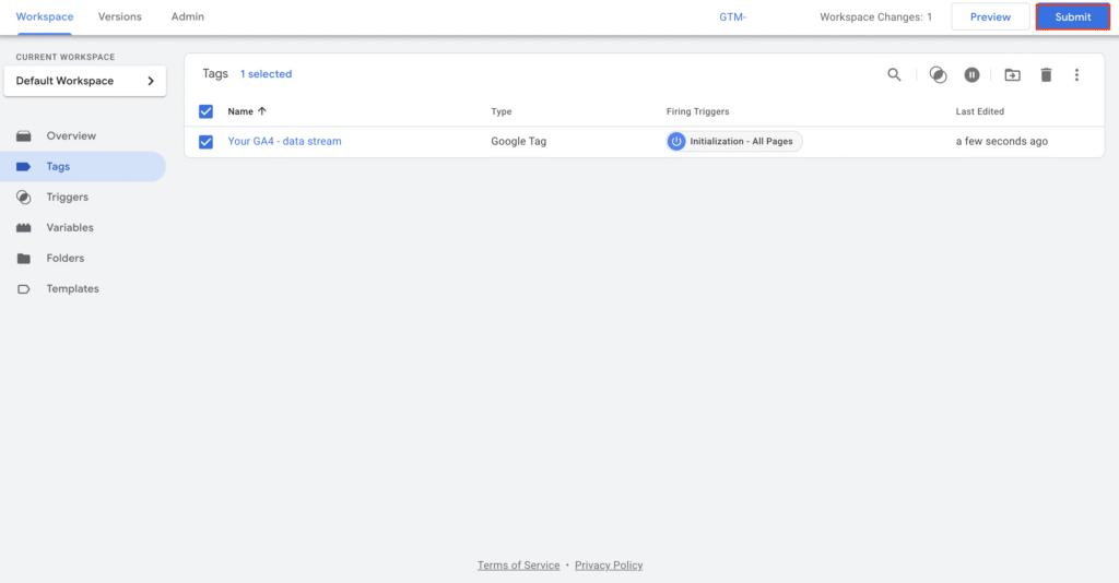 The Submit button in Google Tag Manager interface