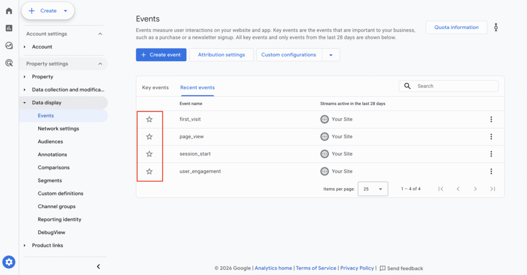 The stars icon in the Recent events tab in Google Analytics 4
