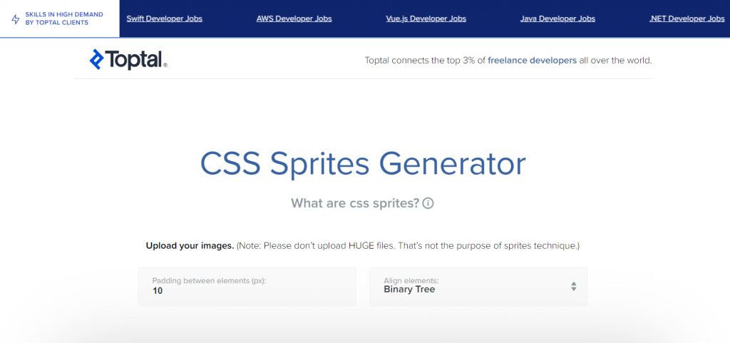 Halaman arahan alat web generator sprite CSS Toptal