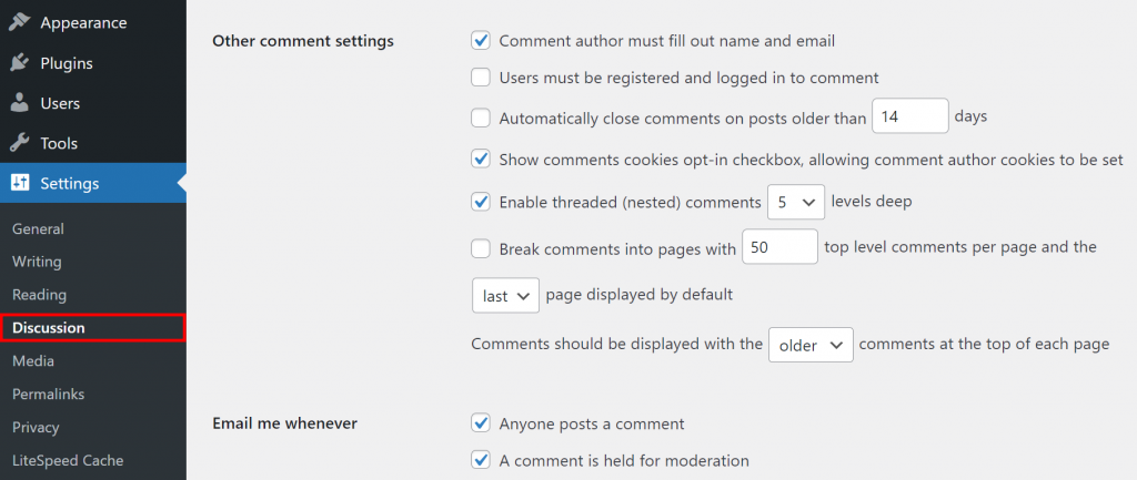 WordPress's Discussion settings, which allows users to configure the comment feature.