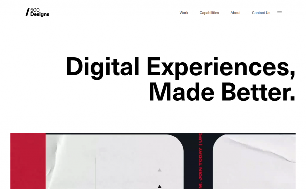 500 Designs, a UI/UX, branding, and digital design agency, homepage