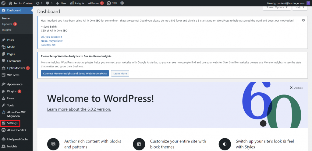 Mengakses menu Setting pada Dashboard WordPress.