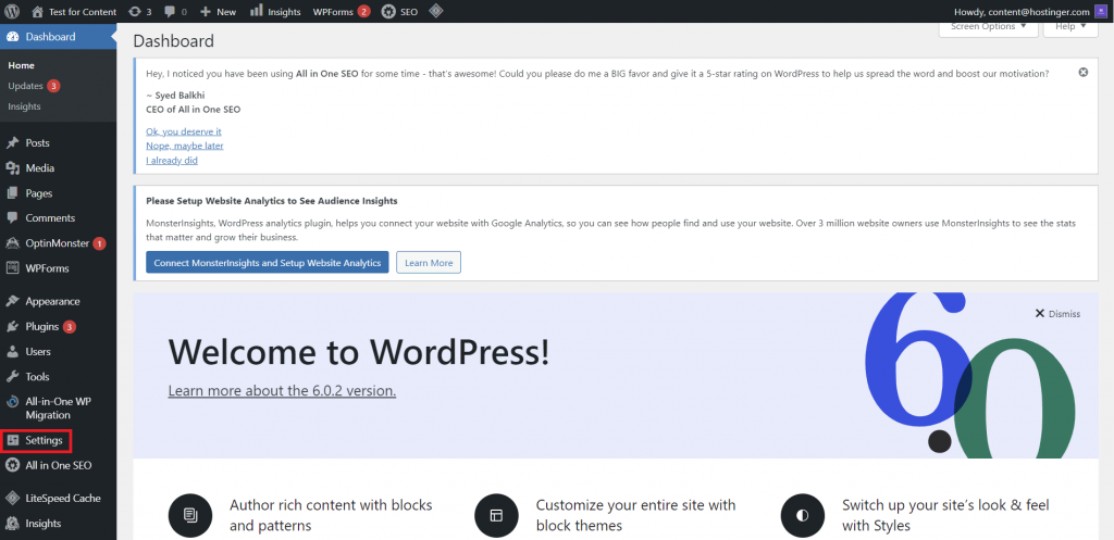 Accessing the Settings menu on the WordPress Dashboard.