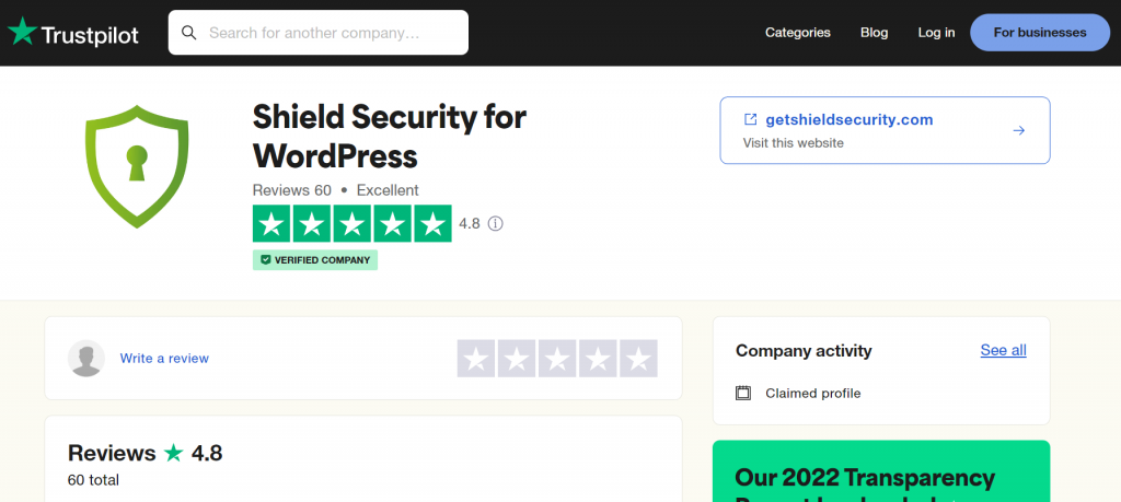 Contoh halaman ulasan Trustpilot untuk plugin Shield Security for WordPress