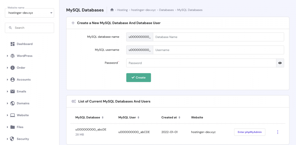 Creating a new MySQL database and database user via hPanel