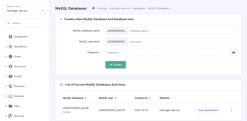 Creating a new MySQL database and database user via hPanel
