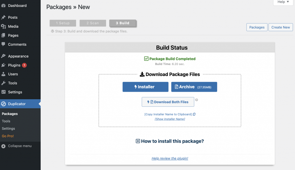 Duplicator's Package Build Completed message and Download Package Files option as shown on WordPress