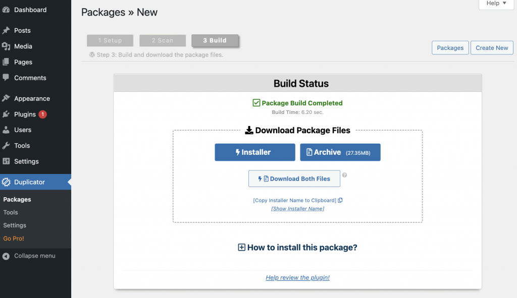 Duplicator's Package Build Completed message and Download Package Files option as shown on WordPress