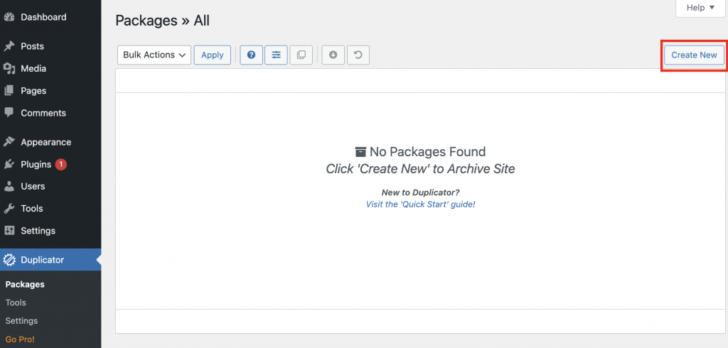 Duplicator's Packages settings page as shown on WordPress with the Create New button highlighted