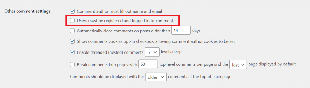 Mengaktifkan Pengguna harus terdaftar dan masuk ke opsi komentar di WordPress.
