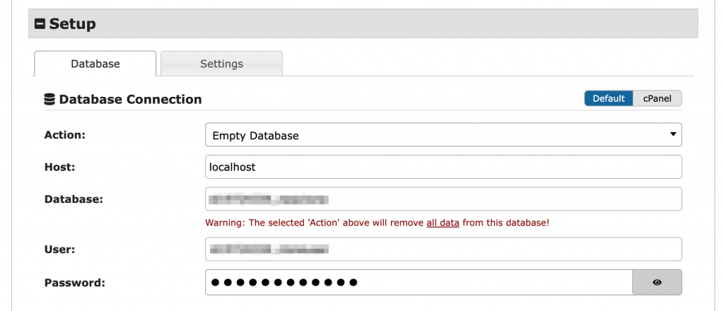 Enter database information, including hostname, database name, username, and password, during the Duplicator installation process
