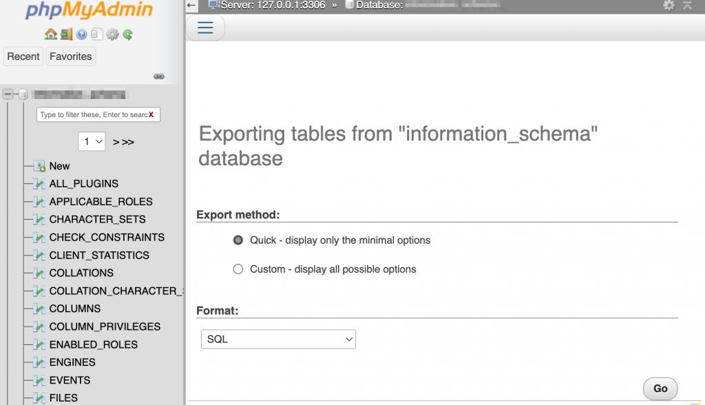Exporting tables from the information_schema database with Quick export method selected
