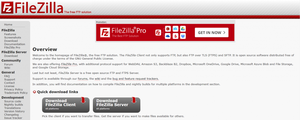 FileZilla's homepage
