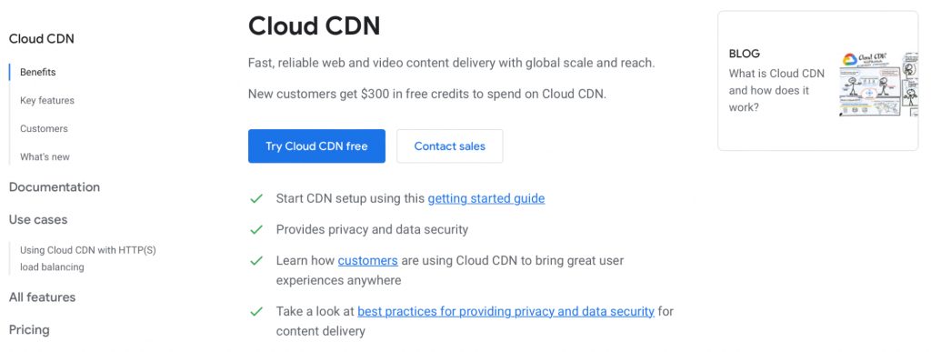 Halaman informasi CDN Google Cloud dengan tombol Coba Cloud CDN gratis disorot