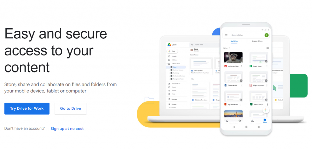Google Drive's official homepage advertising its easy and secure access to your content

