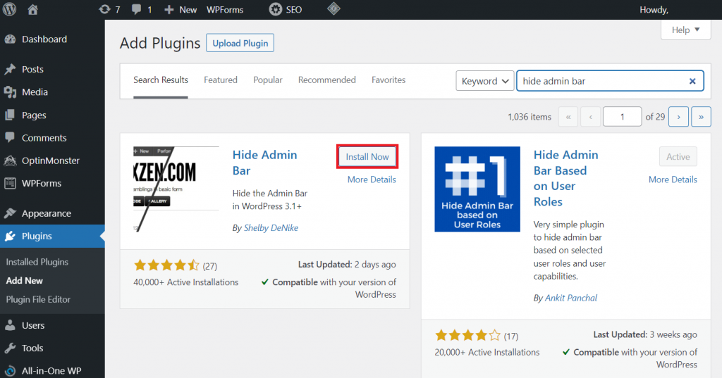 Sembunyikan plugin Admin Bar di menu Add Plugins WordPress