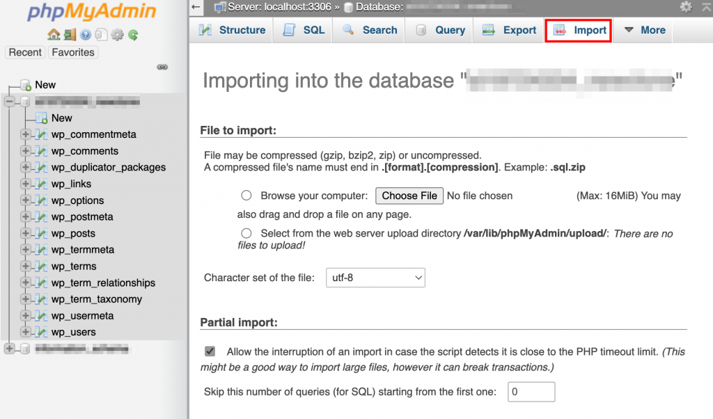 Importing a file into a new database via phpMyAdmin 