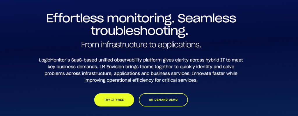 LogicMonitor homepage – a cloud-based infrastructure monitoring platform – with the Try It Free button highlighted