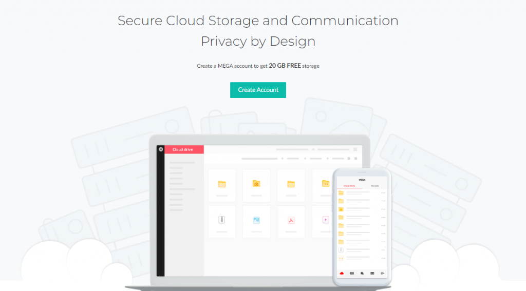 MEGA's official homepage offering to create an account and get 20 GB free storage