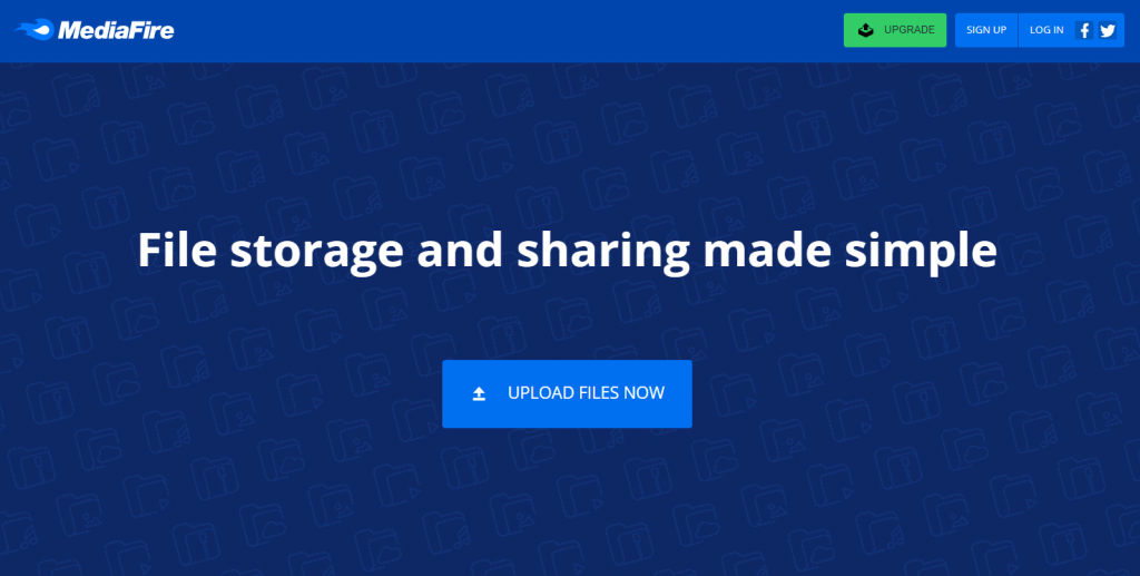 MediaFire's official homepage simply offering you to upload files now
