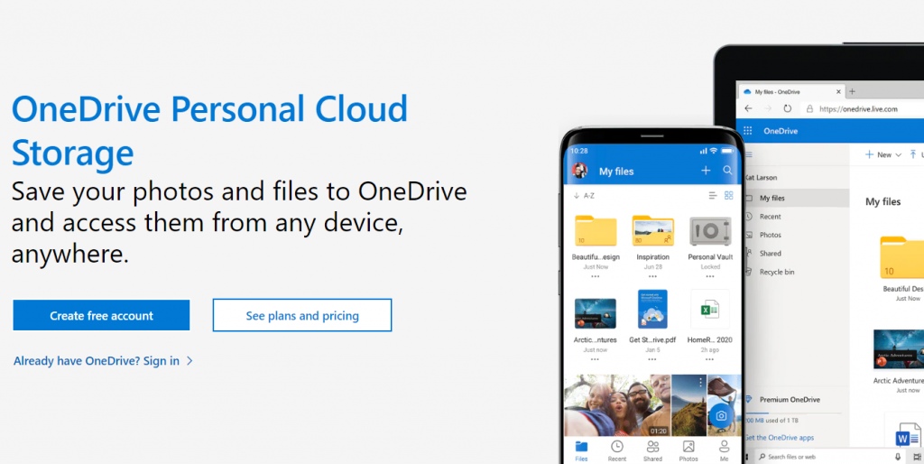 OneDrive's official homepage offering to create a free account