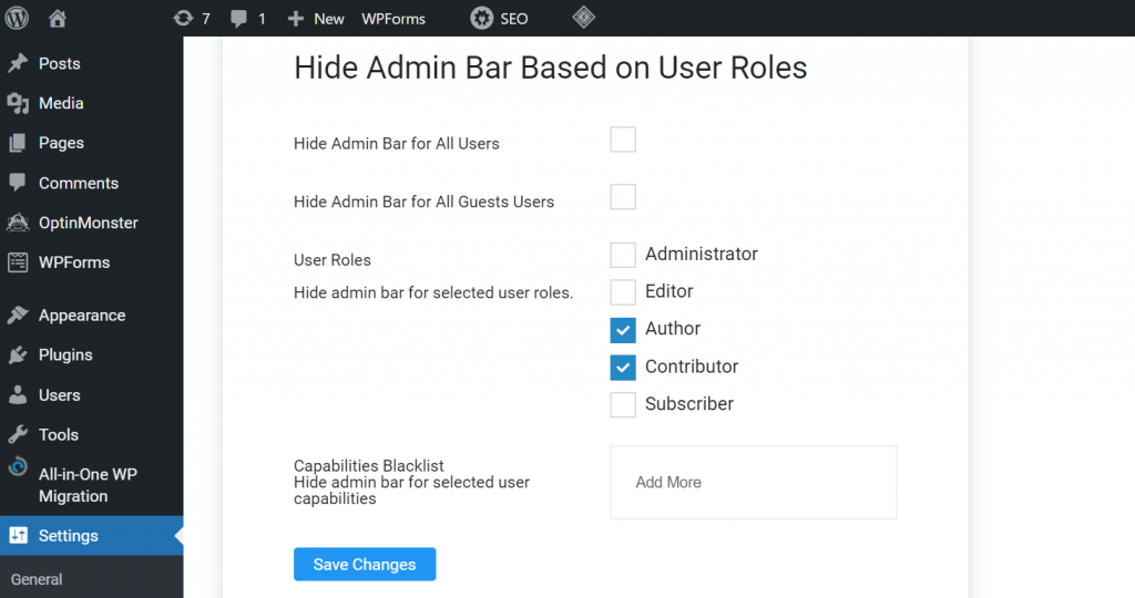 Plugin settings: hide admin bar based on user roles