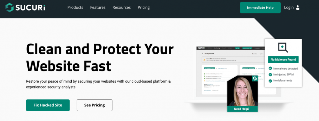 Securi homepage – a website security and protection platform – with the Fix Hacked Site button highlighted
