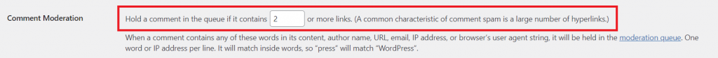 Setting a limit on the number of allowed links in comments on WordPress.
