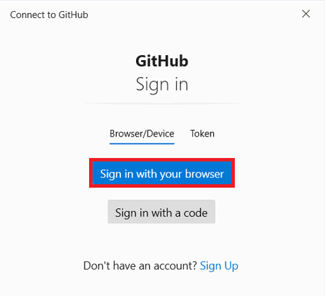 Sign in with your browser option in the Connect to GitHub window.