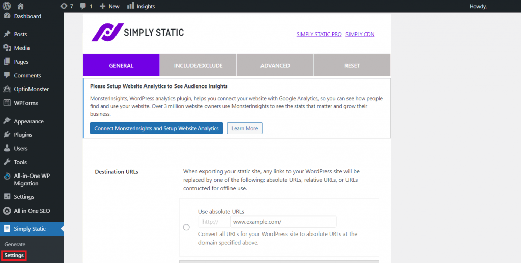 Simply Static plugin's setting menu on WordPress