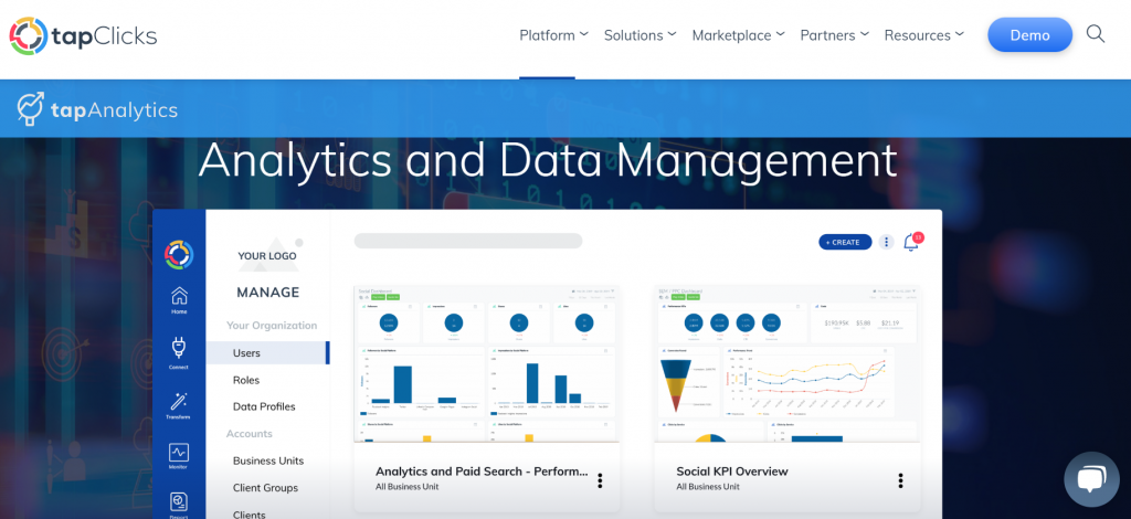 TapAnalytics' homepage &ndash; a digital marketing reporting dashboard