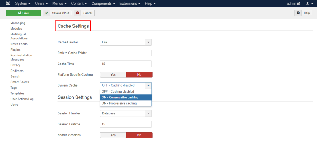 The Cache Settings section in Joomla