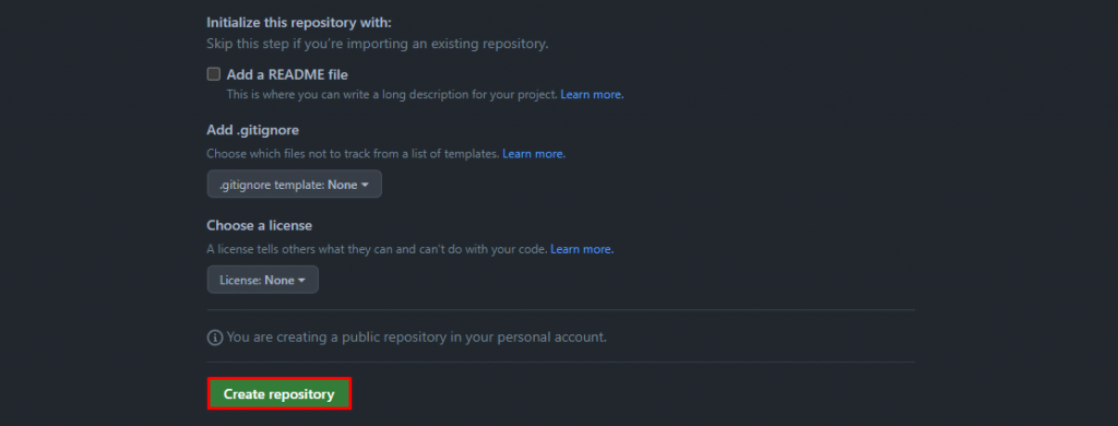 The Create repository button on GitHub's new repo creation page