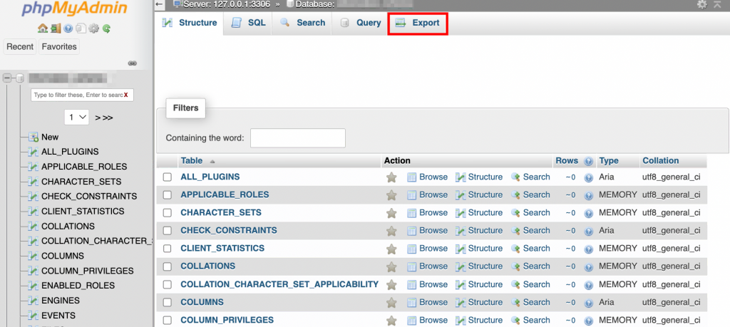 The Export button highlighted as seen on phpMyAdmin
