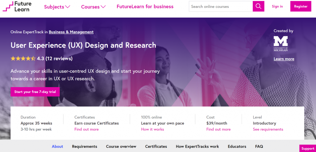 The page of the UX design and research course by FutureLearn
