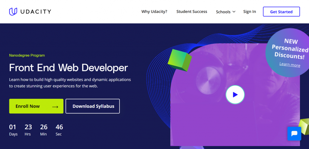 The page of the front-end web developers course by Udacity.
