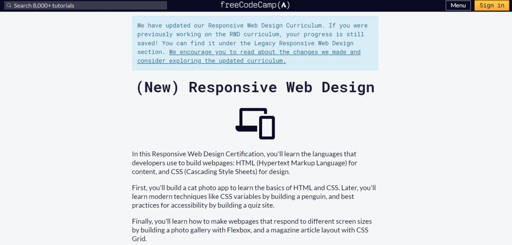 The page of the responsive web design course by freeCodeCamp.