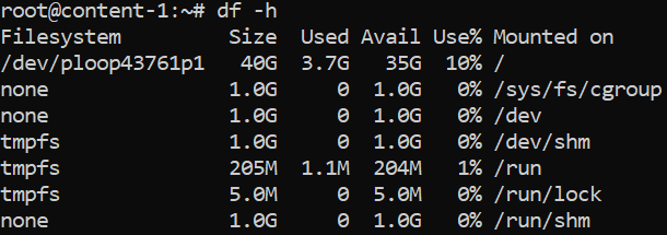 The result of df command to check disk space in Linux