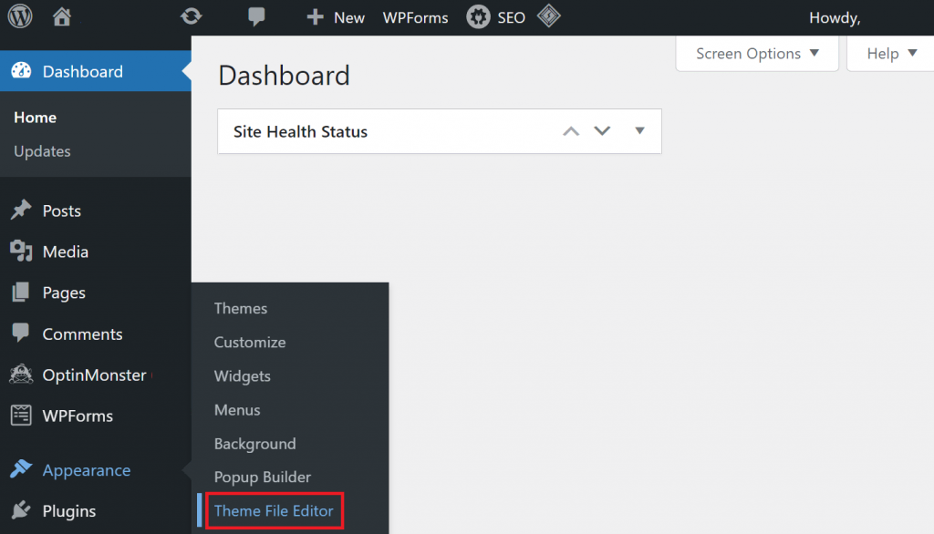 Theme File Editor menu on WordPress sidebar