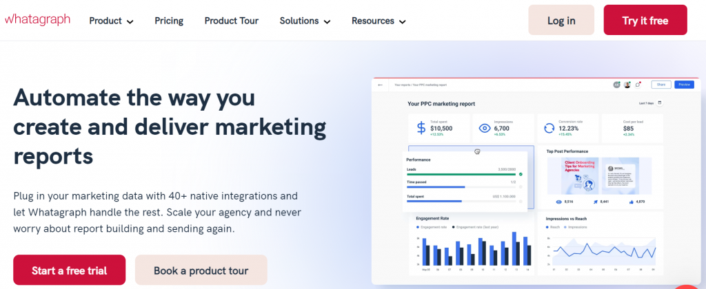 Whatagraph's homepage &ndash; a reporting tool for marketing agencies
