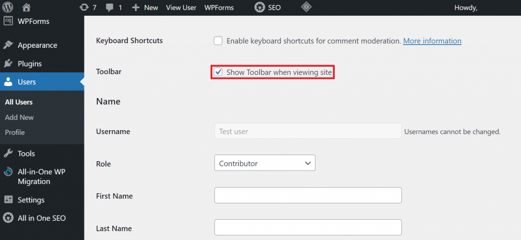 WordPress user settings: show toolbar when viewing site option