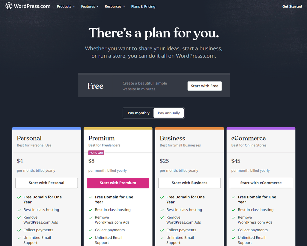 WordPress.com's pricing plans, showing the Personal, Premium Business, and eCommerce options