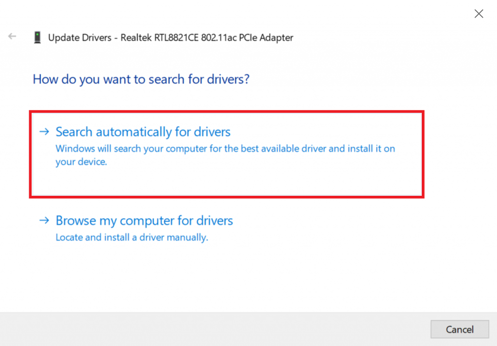 The Search automatically for drivers option