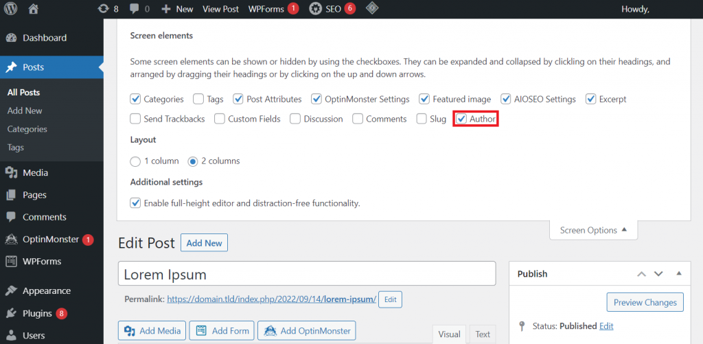 Enabling the Author configuration panel in the Screen elements section on WordPress
