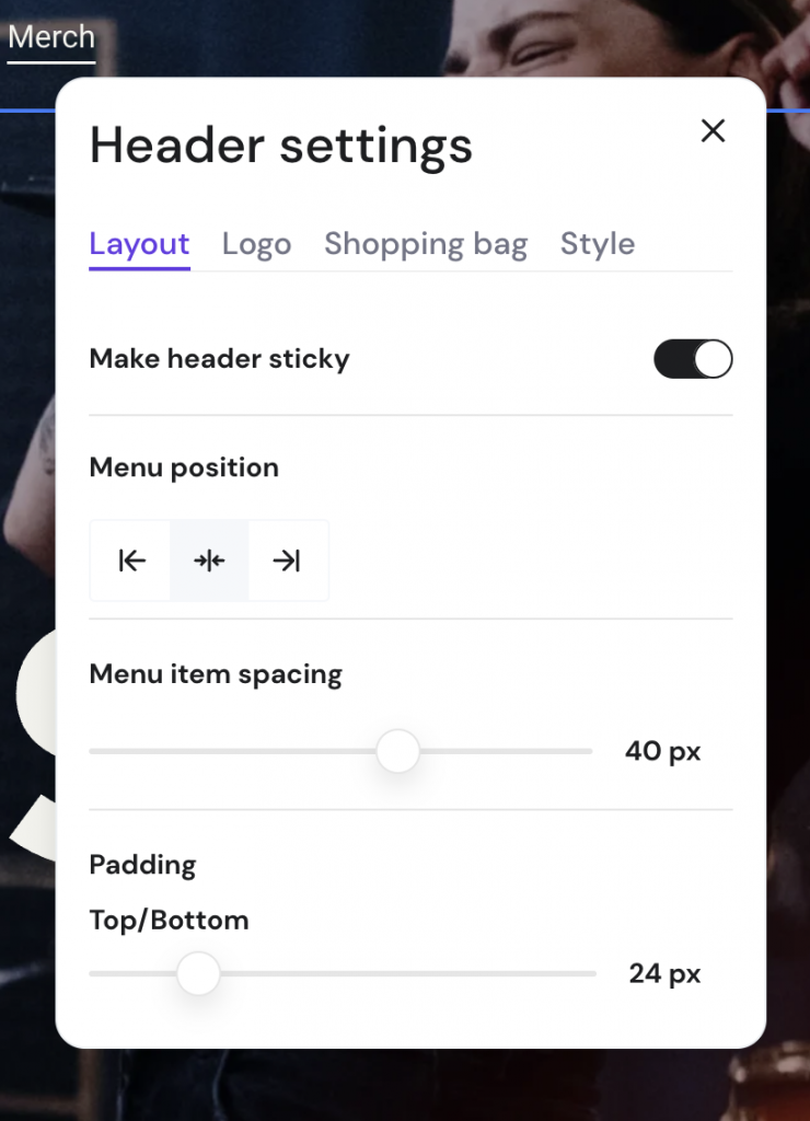 A closeup of the header settings menu