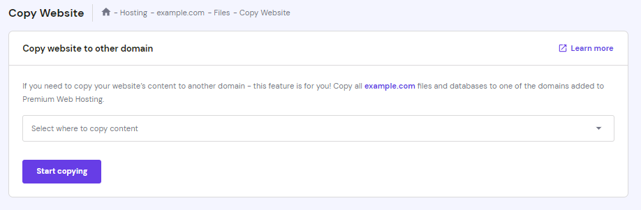 The Copy website page on hPanel