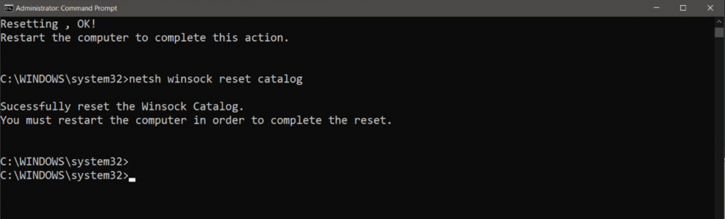 Resetting system’s Winsock catalog via Command Prompt